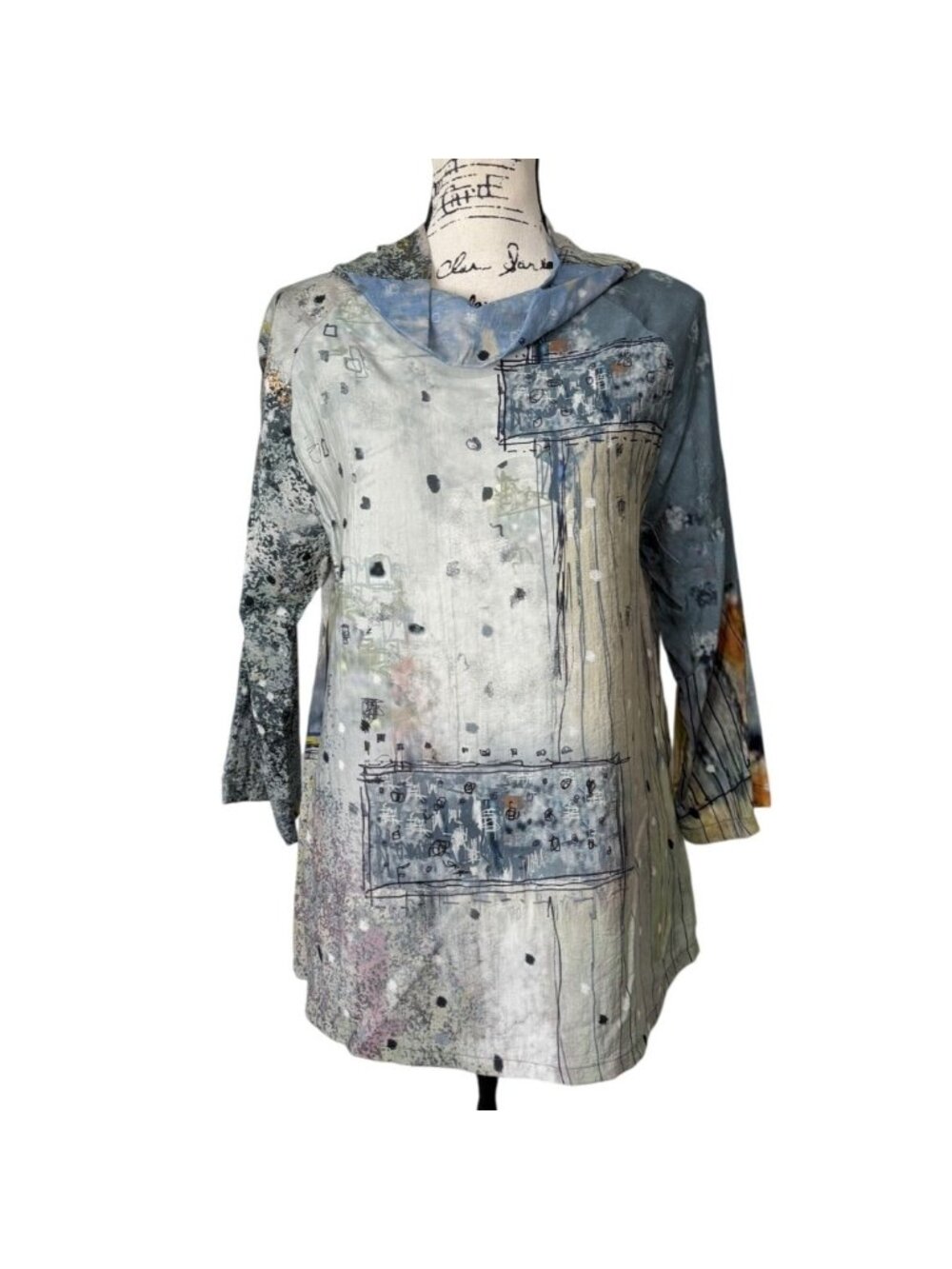 3 Potato Womens XL Tunic Abstract Print Top 3/4 Sleeves Cowl Neck Artsy